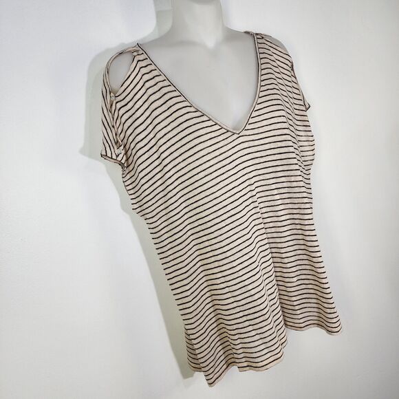 Lucky Brand Tee Womens Large Linen V Neck Top Natural Stripe Split Button Sleeve - Picture 5 of 10